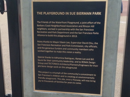 plaque commemorating the construction of the playground at Sue Bierman park